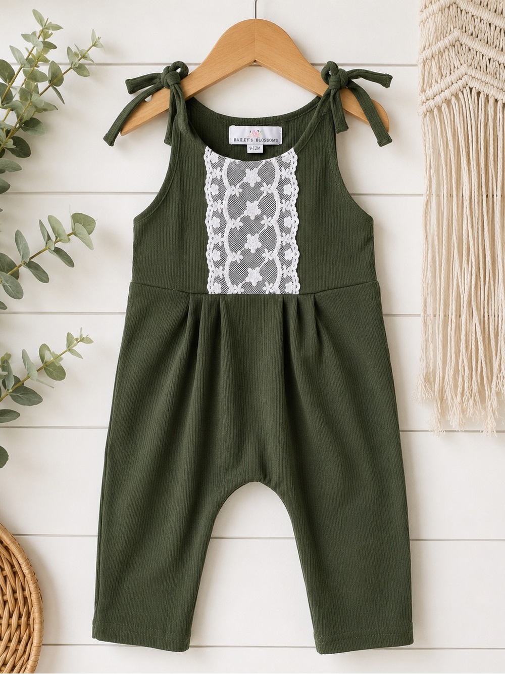 Bailey’s Blossoms Olive Green Ribbed Lace Tie Strap Romper 9-12M